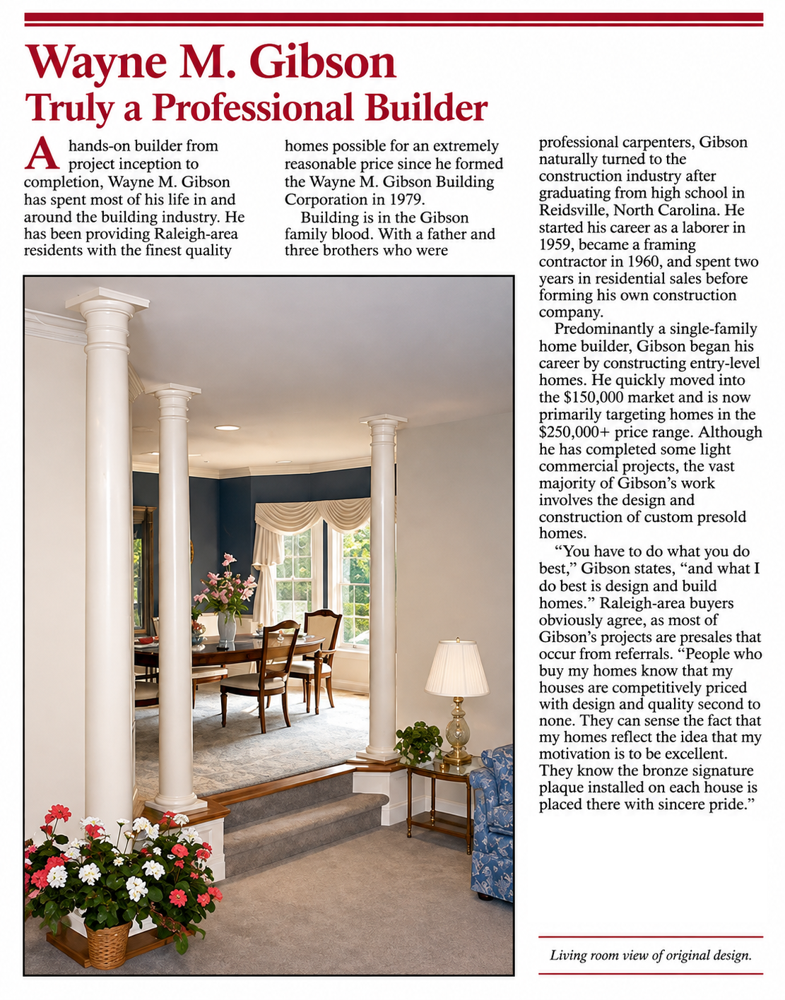 Wayne M. Gibson - Truly a Professional Builder article page detailing the history of Wayne M. Gibson Building Corporation